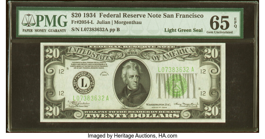 image for: Fr. 2054-L $20 1934 Light Green Seal Federal Reserve Note. PMG Gem Uncirculated 65 EPQ....