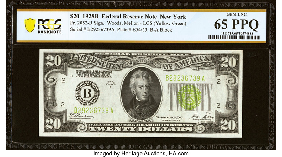 image for: Fr. 2052-B $20 1928B Light Green Seal Federal Reserve Note. PCGS Banknote Gem Unc 65 PPQ....