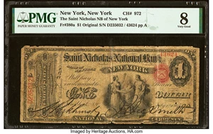 image for: New York, NY - $1 Original Fr. 380a The Saint Nicholas National Bank Ch. # 972 PMG Very Good 8....