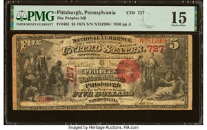 image for: Pittsburgh, PA - $5 1875 Fr. 403 The Peoples National Bank Ch. # 727 PMG Choice Fine 15....