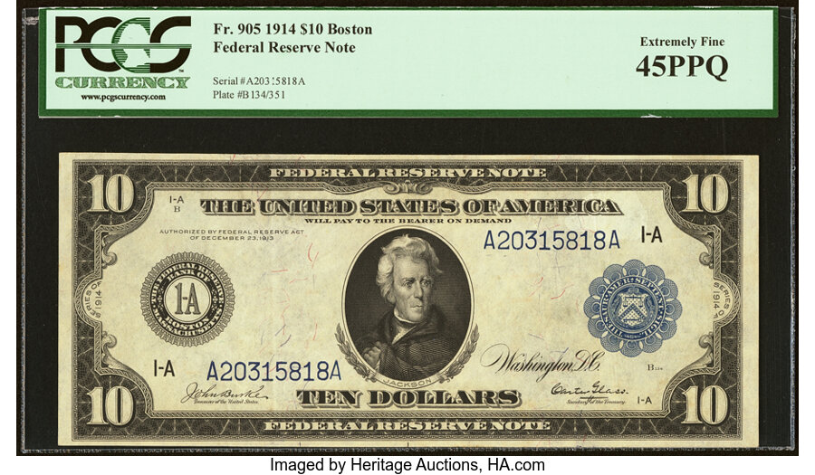 image for: Fr. 905 $10 1914 Federal Reserve Note PCGS Extremely Fine 45PPQ....