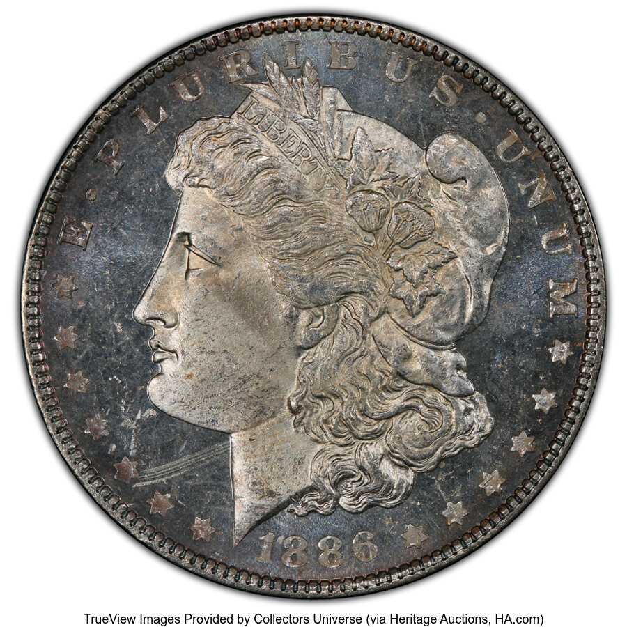 image for: 1886 $1 VAM-1C 3+2 Clashed Reverse, MS65 Deep Mirror Prooflike PCGS. A Hot 50 Variety. PCGS Population: (3/0 and 0/0+)....