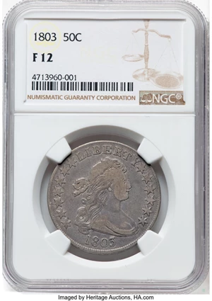 image for: 1803 50C Small 3, Large Reverse Stars, O-104, T-4, R.3, Fine 12 NGC. NGC Census: (22/280). Mintage 188,234....
