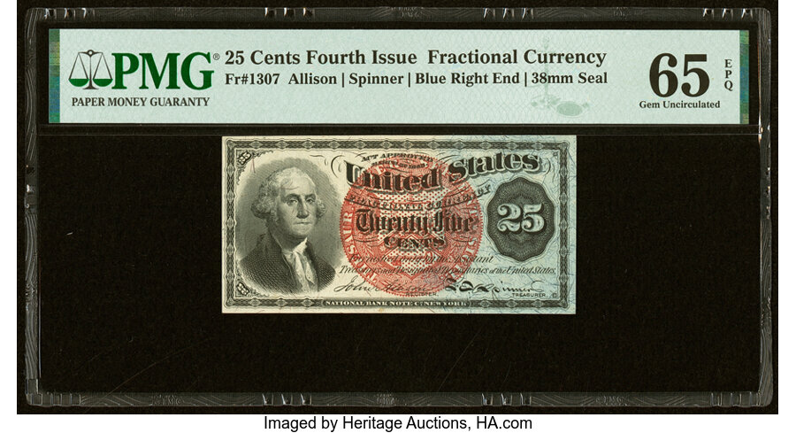 image for: Fr. 1307 25¢ Fourth Issue PMG Gem Uncirculated 65 EPQ....