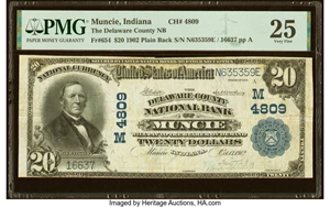 image for: Muncie, IN - $20 1902 Plain Back Fr. 654 The Delaware County National Bank Ch. # (M)4809 PMG Very Fine 25....