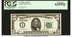 image for: Fr. 1950-A $5 1928 Federal Reserve Note. PCGS Choice New 63PPQ....