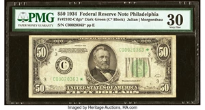 image for: Fr. 2102-C* $50 1934 Dark Green Seal Federal Reserve Note. PMG Very Fine 30....