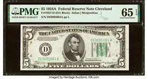 image for: Fr. 1957-D $5 1934A Federal Reserve Note. PMG Gem Uncirculated 65 EPQ....