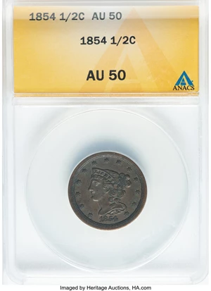 image for: 1854 1/2 C C-1, B-1, R.1, AU50 ANACS. Mintage 55,358....