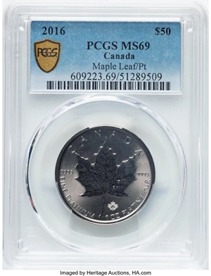 image for: Canada: Elizabeth II platinum "Maple Leaf" 50 Dollars (1 oz) 2016 MS69 PCGS,...