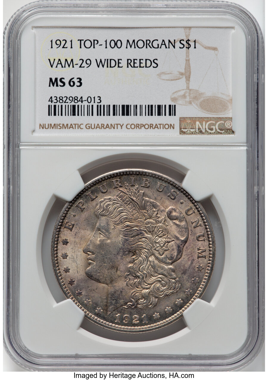 image for: 1921 $1 VAM-29 Wide Reeds, MS63 NGC. A Top 100 Variety....