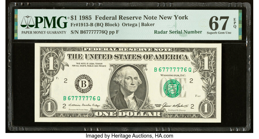 image for: Fancy Radar Serial Number 67777776 Fr. 1913-B $1 1985 Federal Reserve Note. PMG Superb Gem Unc 67 EPQ....