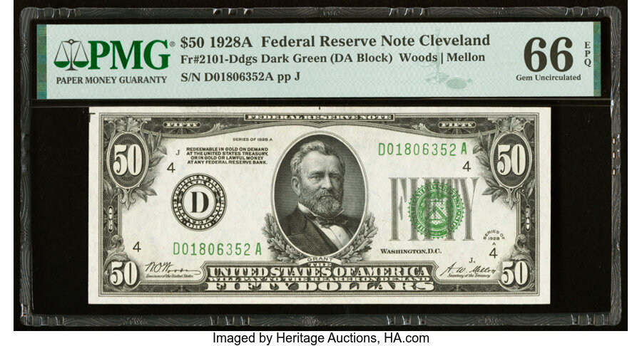 image for: Fr. 2101-D $50 1928A Federal Reserve Note. PMG Gem Uncirculated 66 EPQ....