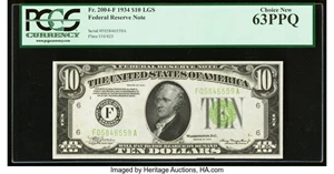 image for: Fr. 2004-F $10 1934 Light Green Seal Federal Reserve Note. PCGS Choice New 63PPQ....