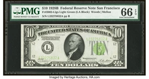 image for: Fr. 2002-L $10 1928B Light Green Seal Federal Reserve Note. PMG Gem Uncirculated 66 EPQ....