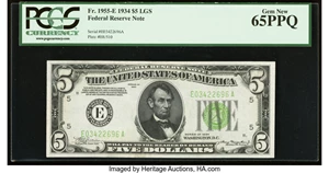 image for: Fr. 1955-E $5 1934 Light Green Seal Federal Reserve Note. PCGS Gem New 65PPQ....