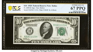image for: Fr. 2000-K $10 1928 Federal Reserve Note. PCGS Banknote Superb Gem Unc 67 PPQ....