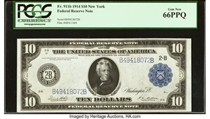 image for: Fr. 911b $10 1914 Federal Reserve Note PCGS Gem New 66PPQ....