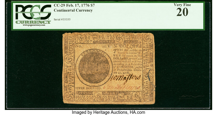 image for: Continental Currency February 17, 1776 $7 PCGS Very Fine 30....