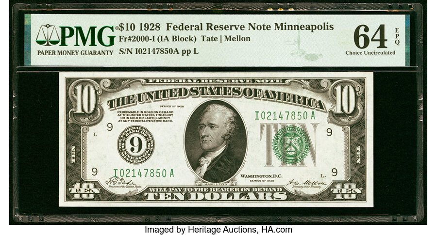 image for: Fr. 2000-I $10 1928 Federal Reserve Note. PMG Choice Uncirculated 64 EPQ....