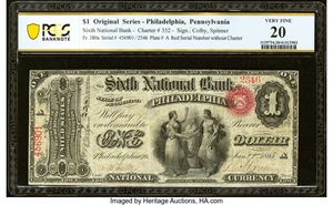 image for: Philadelphia, PA - $1 Original Fr. 380a The Sixth National Bank Ch. # 352 PCGS Banknote Very Fine 20....