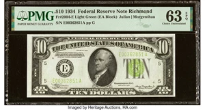 image for: Fr. 2004-E $10 1934 Light Green Seal Federal Reserve Note. PMG Choice Uncirculated 63 EPQ....