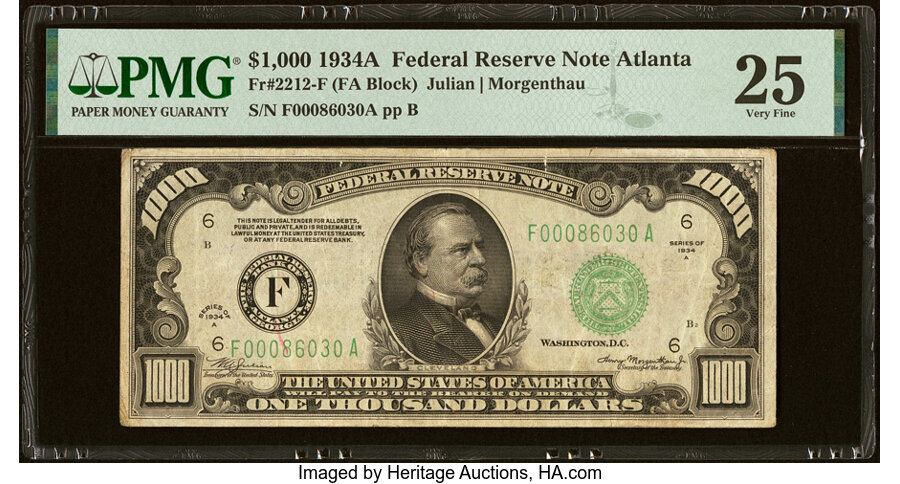 image for: Fr. 2212-F $1,000 1934A Federal Reserve Note. PMG Very Fine 25....
