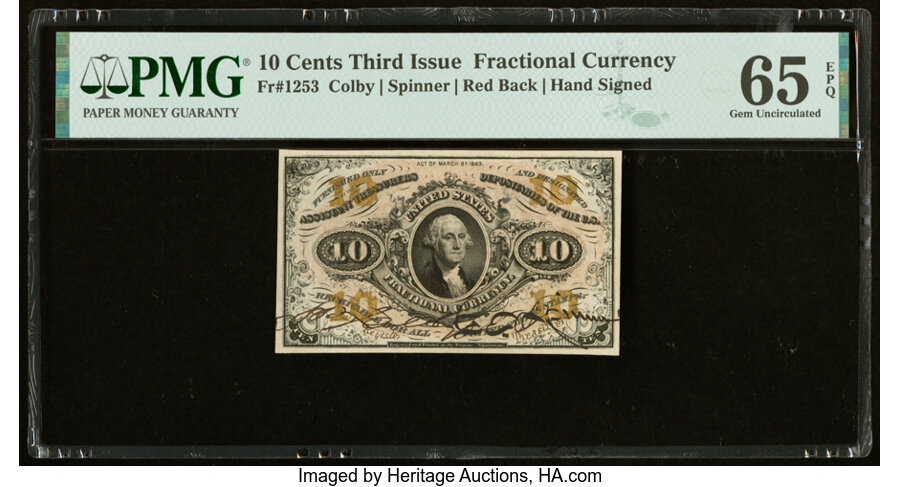 image for: Fr. 1253 10¢ Third Issue PMG Gem Uncirculated 65 EPQ....