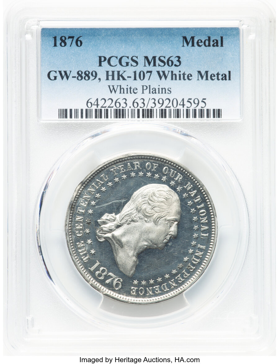 image for: 1876 U.S. Centennial, Washington, Battle of White Plains NY, MS63 PCGS. Baker-445B, HK-107, GW-889, Abler-2870, SH 2-62 WM, R....