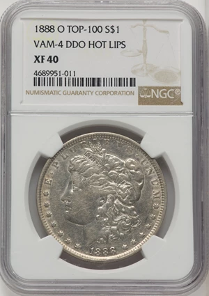 image for: 1888-O $1 Hot Lips, Doubled Die Obverse, VAM-4, XF40 NGC. A Top 100 Variety....