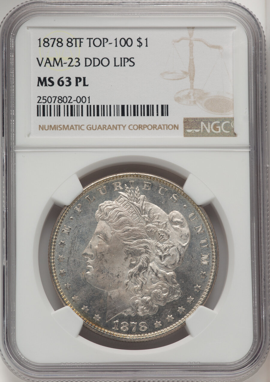image for: 1878 8TF $1 Doubled Die Obverse, Crazy Lips, VAM-23, MS63 Prooflike NGC. A Top 100 Variety. NGC Census: (36/4)....
