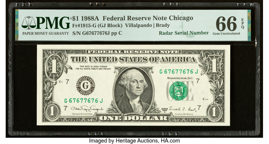 image for: Radar Serial Number 67677676 Fr. 1915-G $1 1988A Federal Reserve Note. PMG Gem Uncirculated 66 EPQ....