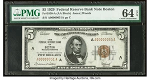 image for: Low Serial Number 51 Fr. 1850-A $5 1929 Federal Reserve Bank Note. PMG Choice Uncirculated 64 EPQ....