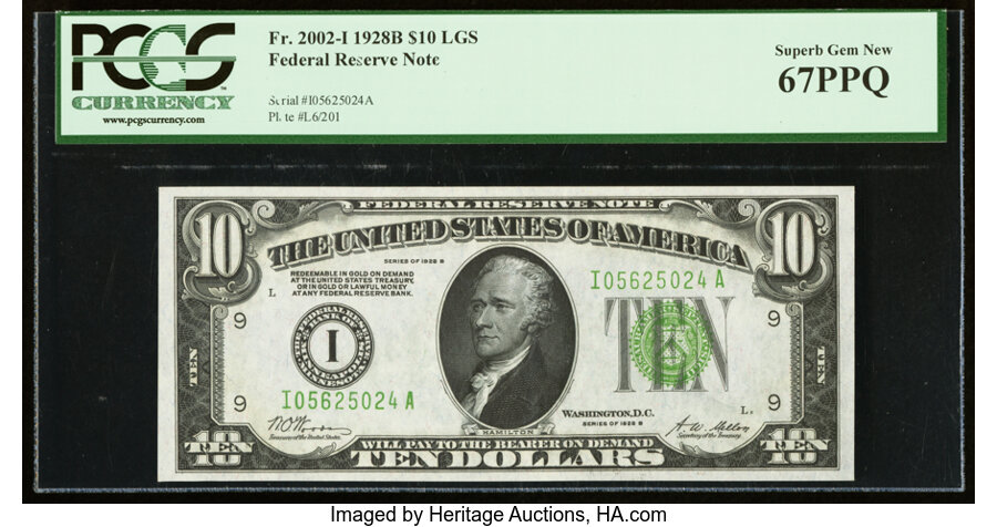 image for: Fr. 2002-I $10 1928B Light Green Seal Federal Reserve Note. PCGS Superb Gem New 67PPQ....