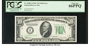 image for: Fr. 2008-I $10 1934C Wide Federal Reserve Note. PCGS Gem New 66PPQ....
