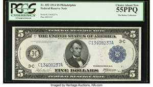image for: Fr. 852 $5 1914 Federal Reserve Note PCGS Choice About New 55PPQ....