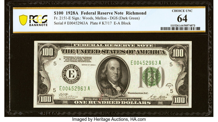 image for: Fr. 2151-E $100 1928A Federal Reserve Note. PCGS Banknote Choice Unc 64....