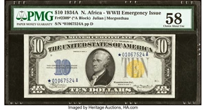image for: Fr. 2309* $10 1934A North Africa Silver Certificate Star. PMG Choice About Unc 58....