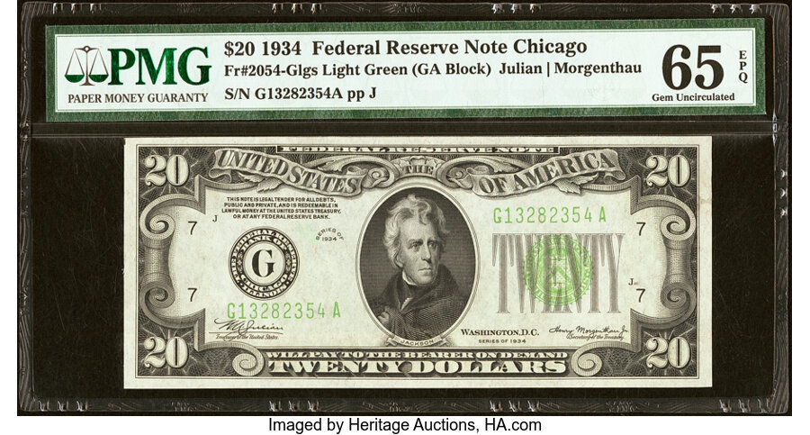image for: Fr. 2054-G $20 1934 Light Green Seal Federal Reserve Note. PMG Gem Uncirculated 65 EPQ....