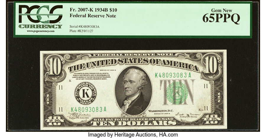 image for: Fr. 2007-K $10 1934B Federal Reserve Note. PCGS Gem New 65PPQ....