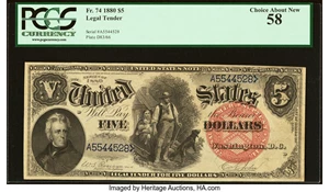 image for: Fr. 74 $5 1880 Legal Tender PCGS Choice About New 58....