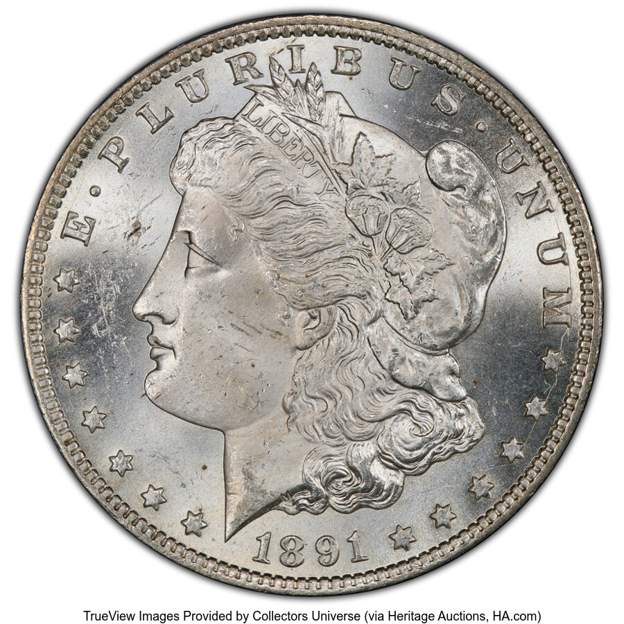 image for: 1891-CC $1 Spitting Eagle, VAM-7, MS63 PCGS. A Top 100 Variety. PCGS Population: (10/6 and 0/2+)....