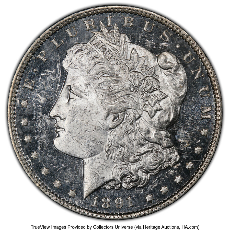 image for: 1891-CC $1 Spitting Eagle, VAM-3, MS62 Deep Mirror Prooflike PCGS.  A Top 100 Variety. PCGS Population: (8/19 and 0/0+)....