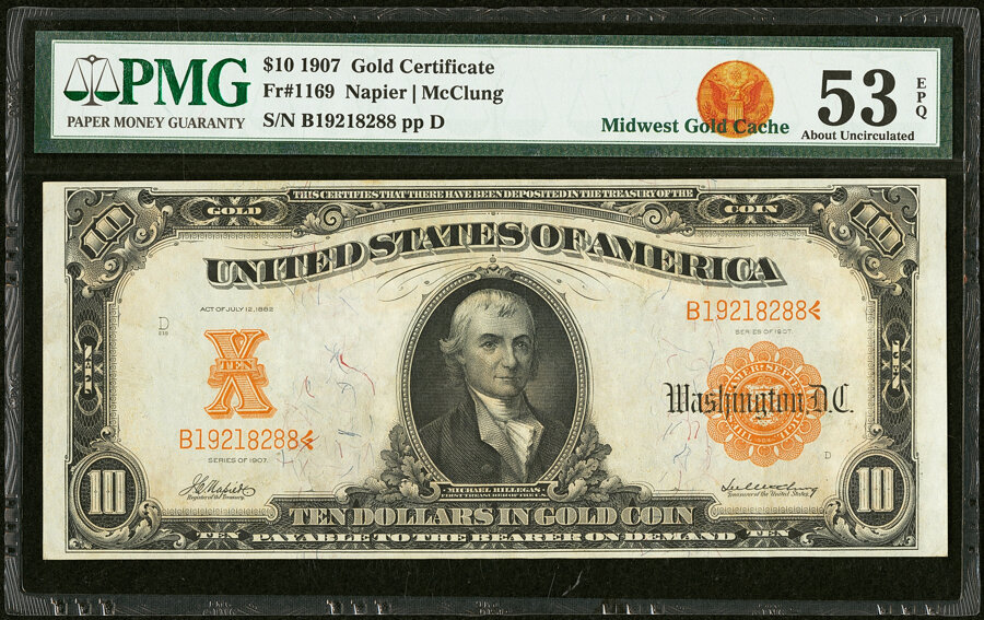 image for: Fr. 1169 $10 1907 Gold Certificate PMG About Uncirculated 53 EPQ....