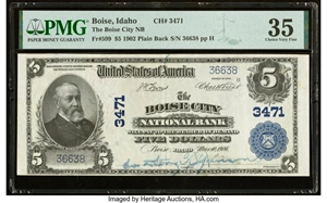 image for: Boise, ID - $5 1902 Plain Back Fr. 599 The Boise City National Bank Ch. # 3471 PMG Choice Very Fine 35....