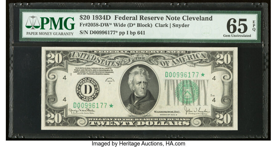 image for: Fr. 2058-D* $20 1934D Wide Federal Reserve Star Note. PMG Gem Uncirculated 65 EPQ....