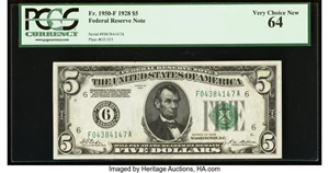 image for: Fr. 1950-F $5 1928 Federal Reserve Note. PCGS Very Choice New 64....