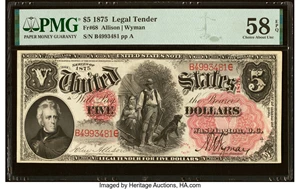 image for: Fr. 68 $5 1875 Legal Tender PMG Choice About Unc 58 EPQ....