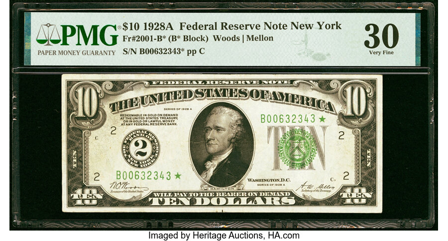 image for: Fr. 2001-B* $10 1928A Federal Reserve Star Note. PMG Very Fine 30....
