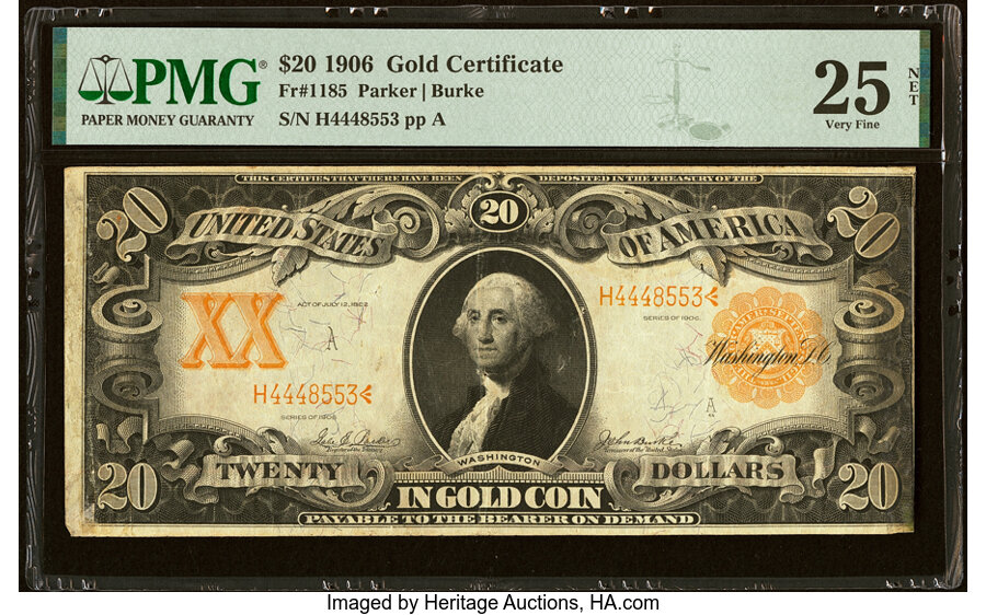image for: Fr. 1185 $20 1906 Gold Certificate PMG Very Fine 25 Net....